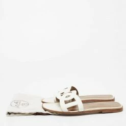 Hermes White Leather Omaha Flat Slides Size 40 For Women -Deals Hermes Store luxury women hermes used shoes p675731 001