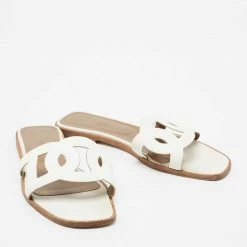 Hermes White Leather Omaha Flat Slides Size 40 For Women -Deals Hermes Store luxury women hermes used shoes p675731 004