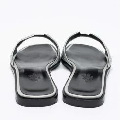 Hermes Silver/Grey Crystals And Suede Trim Oran Flat Slides Size 36 For Women -Deals Hermes Store luxury women hermes used shoes p676246 003