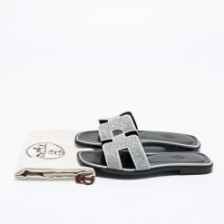 Hermes Silver/Grey Crystals And Suede Trim Oran Flat Slides Size 36 For Women -Deals Hermes Store luxury women hermes used shoes p676246 009