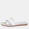 Hermes Silver/White Leather Oran Flat Sandals Size 36.5 For Women -Deals Hermes Store luxury women hermes used shoes p676868 003