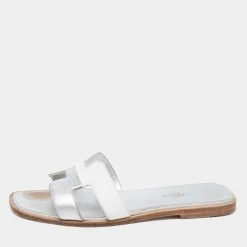 Hermes Silver/White Leather Oran Flat Sandals Size 36.5 For Women
