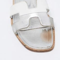 Hermes Silver/White Leather Oran Flat Sandals Size 36.5 For Women -Deals Hermes Store luxury women hermes used shoes p676868 006