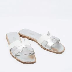 Hermes Silver/White Leather Oran Flat Sandals Size 36.5 For Women -Deals Hermes Store luxury women hermes used shoes p676868 007