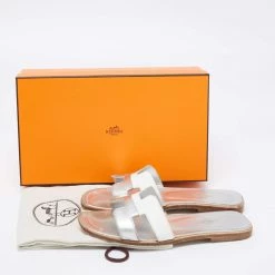 Hermes Silver/White Leather Oran Flat Sandals Size 36.5 For Women -Deals Hermes Store luxury women hermes used shoes p676868 009