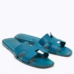 Hermes Blue Leather Oran Flat Sandals Size 39 For Women -Deals Hermes Store luxury women hermes used shoes p678393 005