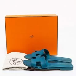 Hermes Blue Leather Oran Flat Sandals Size 39 For Women -Deals Hermes Store luxury women hermes used shoes p678393 008