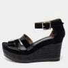 Hermes Black Suede And Patent Leather Ilana Espadrille Wedge Platform Sandals Size 38 For Women