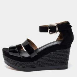 Hermes Black Suede And Patent Leather Ilana Espadrille Wedge Platform Sandals Size 38 For Women