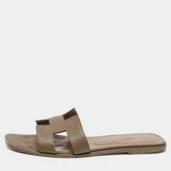 Hermes Tortilla Brown Leather Oran Flat Slide Sandals Size 40.5 For Women