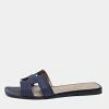 Hermes Navy Blue Lizard Leather Oran Flat Slide Sandals Size 39.5 For Women -Deals Hermes Store luxury women hermes used shoes p680338 002