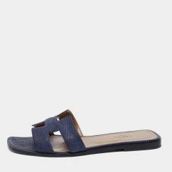 Hermes Navy Blue Lizard Leather Oran Flat Slide Sandals Size 39.5 For Women