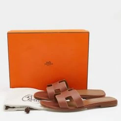 Hermes Brown Leather Oran Flats Size 39 For Women -Deals Hermes Store luxury women hermes used shoes p683536 002