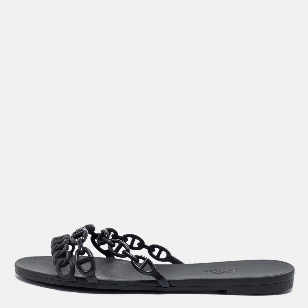 Hermes Black Rubber D'ancre Chaine Rivage Flat Slides Size 37 For Women 3 Hermes Black Rubber D'ancre Chaine Rivage Flat Slides Size 37 For Women