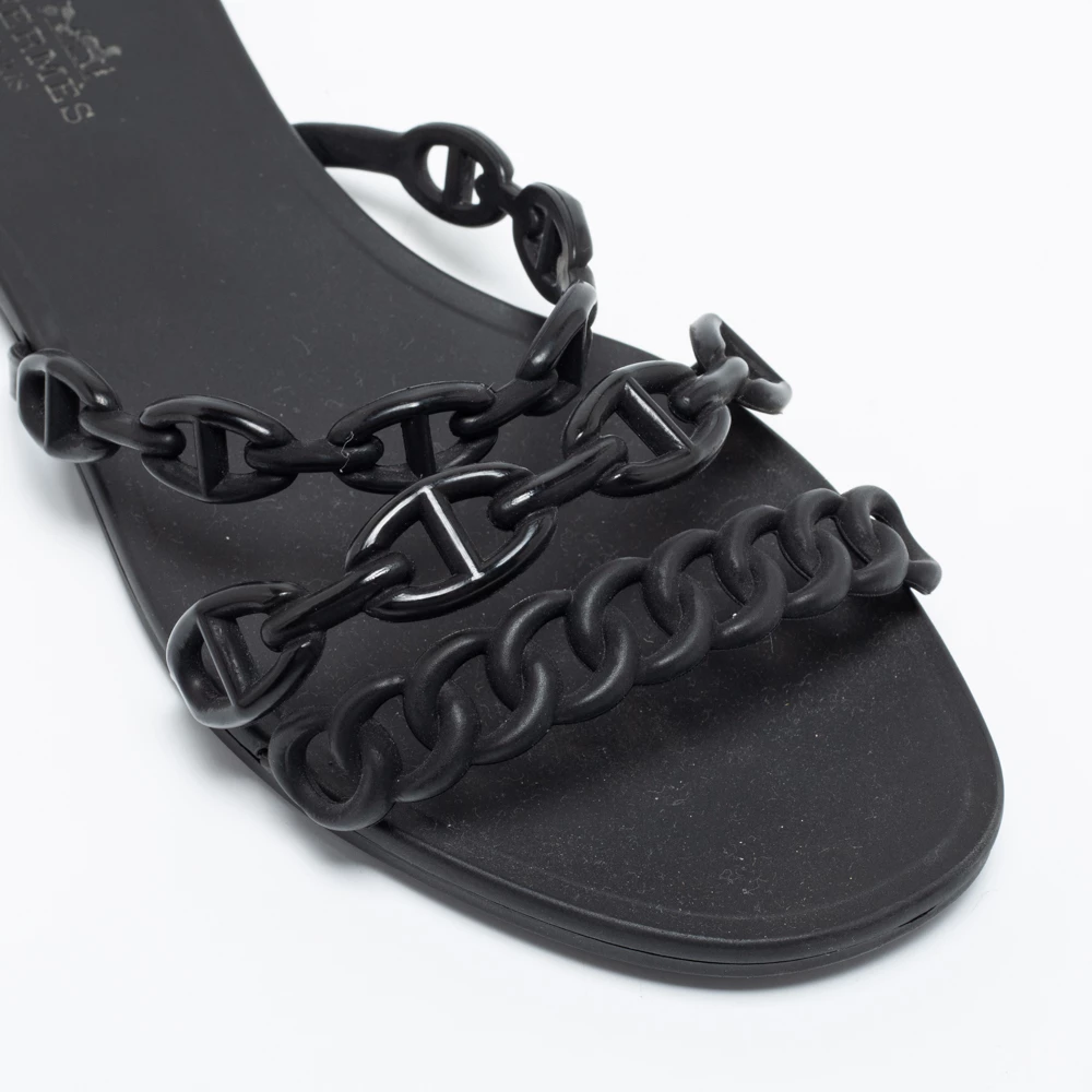 Hermes Black Rubber D'ancre Chaine Rivage Flat Slides Size 37 For Women 9 Hermes Black Rubber D'ancre Chaine Rivage Flat Slides Size 37 For Women - Image 7