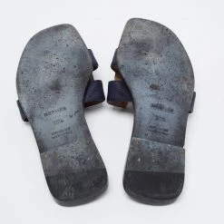 Hermes Hermès Navy Blue Lizard Leather Embossed Oran Sandals Size 36.5 For Women -Deals Hermes Store luxury women hermes used shoes p687275 005