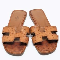 Hermes Brown Ostrich Leather Oran Sandals Size 36 For Women -Deals Hermes Store luxury women hermes used shoes p687276 007