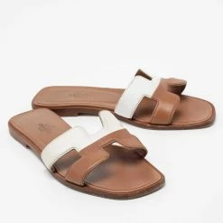 Hermes Brown/White Leather Oran Flat Slides Size 36 For Women -Deals Hermes Store luxury women hermes used shoes p687277 005