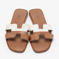 Hermes Brown/White Leather Oran Flat Slides Size 36 For Women -Deals Hermes Store luxury women hermes used shoes p687277 006