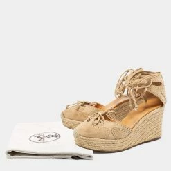 Hermes Beige Suede Espadrille Wedge Ankle Wrap Sandals Size 38 For Women -Deals Hermes Store luxury women hermes used shoes p688063 001