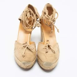 Hermes Beige Suede Espadrille Wedge Ankle Wrap Sandals Size 38 For Women -Deals Hermes Store luxury women hermes used shoes p688063 002