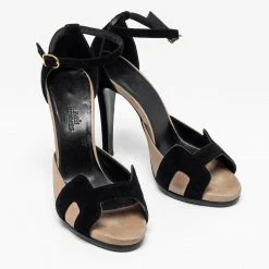 Hermes Black/Gold Suede Premiere Ankle-Strap Sandals Size 38 For Women -Deals Hermes Store luxury women hermes used shoes p690576 002