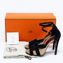 Hermes Black/Gold Suede Premiere Ankle-Strap Sandals Size 38 For Women -Deals Hermes Store luxury women hermes used shoes p690576 009