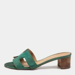 Hermes Green Suede Oasis Slide Sandals Size 38 For Women
