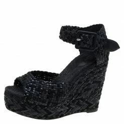 Hermes Black Braided Raffia Platform Wedges Size 38 For Women