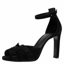 Hermes Black Embellished Suede Krystal Ankle Strap Sandals Size 37.5 For Women