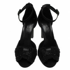 Hermes Black Embellished Suede Krystal Ankle Strap Sandals Size 37.5 For Women -Deals Hermes Store luxury women hermes used shoes p87952 003