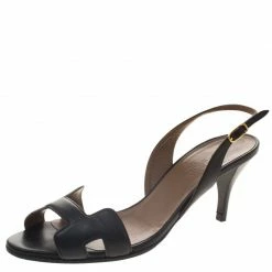 Hermes Black Leather Night Slingback Sandals Size 38 For Women