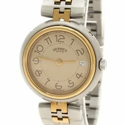 Hermes Beige Gold Tone And Stainless Steel Clipper Women's Wristwatch 25 Mm For Women -Deals Hermes Store luxury women hermes used watches p111320 003