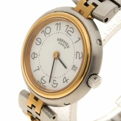 Hermes White Gold-Plated Stainless Steel Clipper Women's Wristwatch 25 Mm For Women -Deals Hermes Store luxury women hermes used watches p112894 002