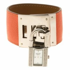 Hermes White Mother Of Pearl Stainless Steel And Diamond Kelly Women's Wristwatch 20 Mm For Women -Deals Hermes Store luxury women hermes used watches p114779 004