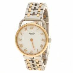 Hermes White 18K Yellow Gold Plated And Stainless Steel Arceau Women's Wristwatch 25 Mm For Women
