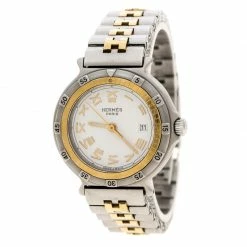 Hermes White Stainless Steel And Gold Tone Captain Nemo Women's Wristwatch 27 Mm For Women