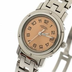 Hermes Pink Stainless Steel Clipper CL4.210 Women's Wristwatch 24MM For Women -Deals Hermes Store luxury women hermes used watches p195245 001