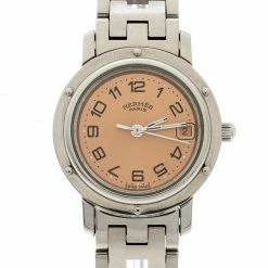 Hermes Pink Stainless Steel Clipper CL4.210 Women's Wristwatch 24MM For Women -Deals Hermes Store luxury women hermes used watches p195245 002