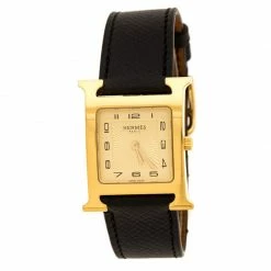 Hermes Yellow Gold Plated Stainless Steel Heure H Women's Wristwatch 26 Mm For Women