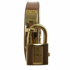 Hermes Brown Gold Plated SS Leather Womens Wristwatch 20 MM For Women -Deals Hermes Store luxury women hermes used watches p25585 003