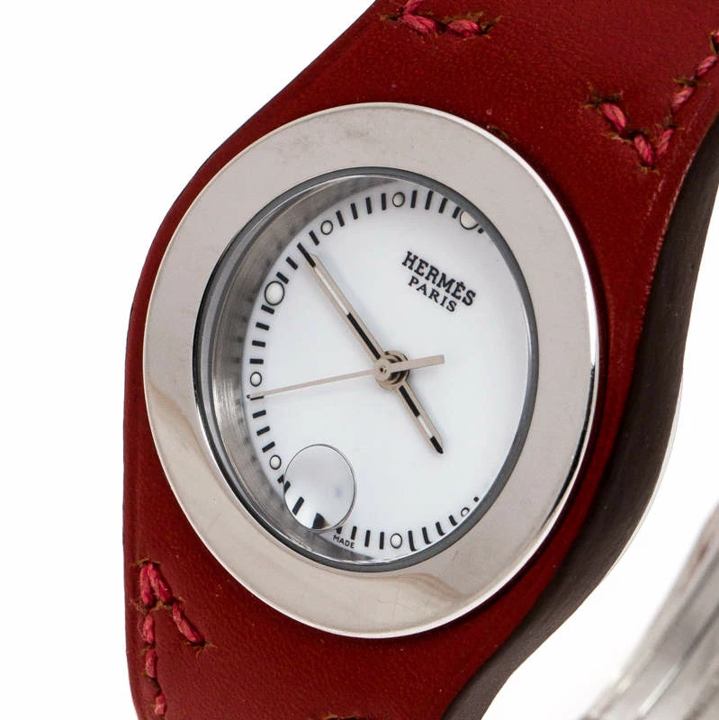 Hermes White Stainless Steel Red Leather Harnais HA3.210 Women's Wristwatch 27.50 Cm For Women 4 Hermes White Stainless Steel Red Leather Harnais HA3.210 Women's Wristwatch 27.50 Cm For Women - Image 2