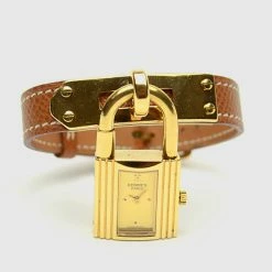 Hermes Brown Gold Plated Leather Kelly Womens Wristwatch 20 MM For Women