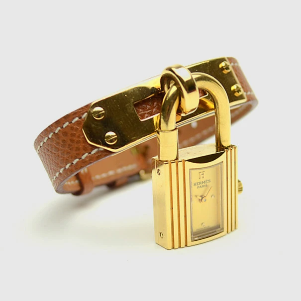 Hermes Brown Gold Plated Leather Kelly Womens Wristwatch 20 MM For Women 4 Hermes Brown Gold Plated Leather Kelly Womens Wristwatch 20 MM For Women - Image 2