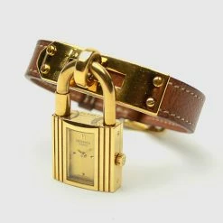 Hermes Gold Brown Leather Kelly Womens Wristwatch 20 MM For Women -Deals Hermes Store luxury women hermes used watches p35186 004