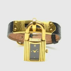 Hermes Gold Black Leather Kelly Womens Wristwatch 20 MM For Women