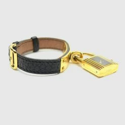 Hermes Gold Black Leather Kelly Womens Wristwatch 20 MM For Women -Deals Hermes Store luxury women hermes used watches p35187 004