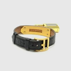 Hermes Gold Black Leather Kelly Womens Wristwatch 20 MM For Women -Deals Hermes Store luxury women hermes used watches p35187 006