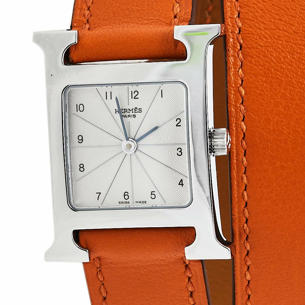Hermes Silver Stainless Steel Leather Wrap Heure H HH1.210 Women's Wristwatch 21 Mm For Women 5 Hermes Silver Stainless Steel Leather Wrap Heure H HH1.210 Women's Wristwatch 21 Mm For Women - Image 3