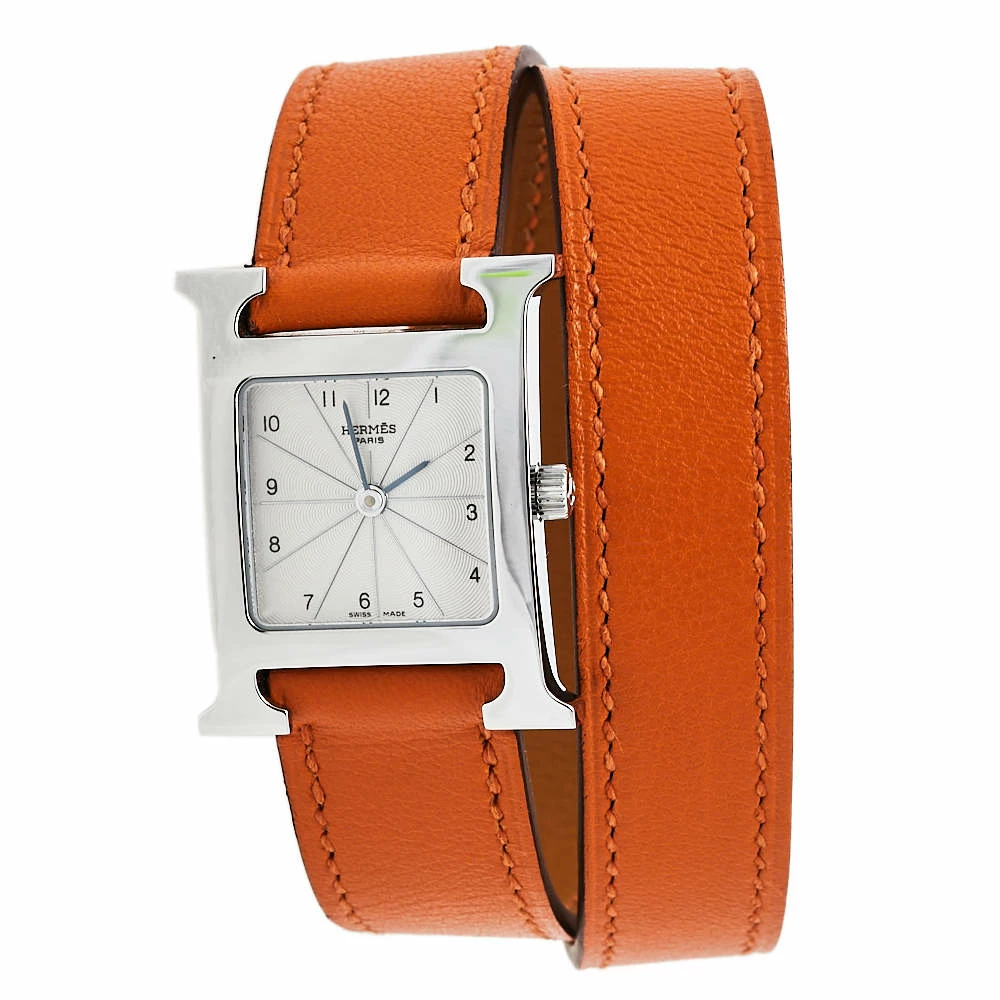 Hermes Silver Stainless Steel Leather Wrap Heure H HH1.210 Women's Wristwatch 21 Mm For Women 3 Hermes Silver Stainless Steel Leather Wrap Heure H HH1.210 Women's Wristwatch 21 Mm For Women